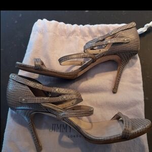 JIMMY CHOO Snake Skin Shoes Sandal High Heels sz 7M US 37.5 eu Pre loved "As Is"